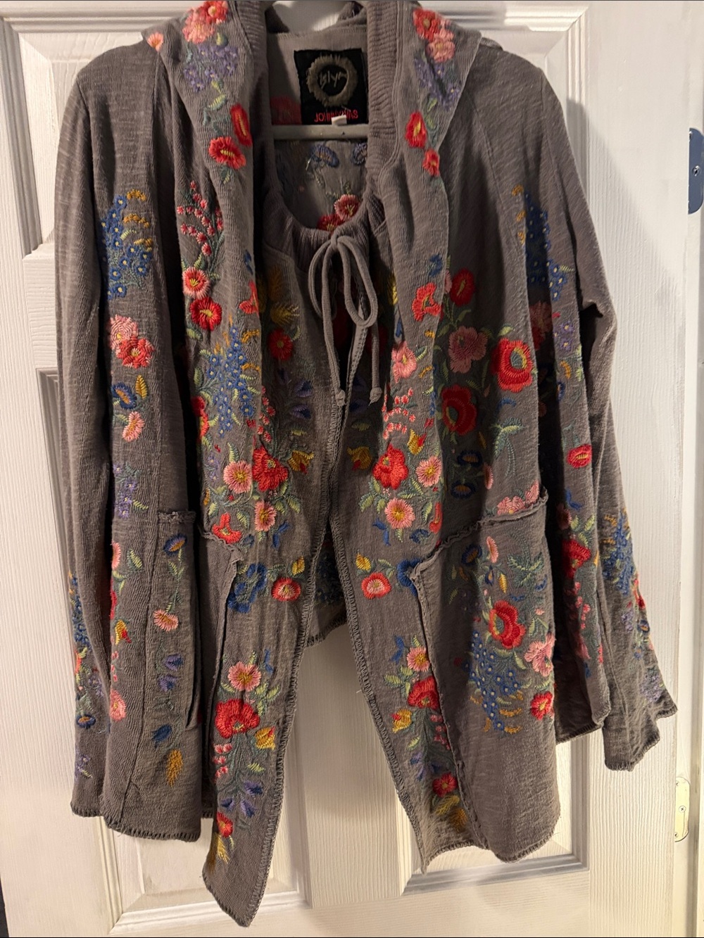 Johnny Was Gray Embroidered Hooded Cardigan with Multicolor Floral Detail